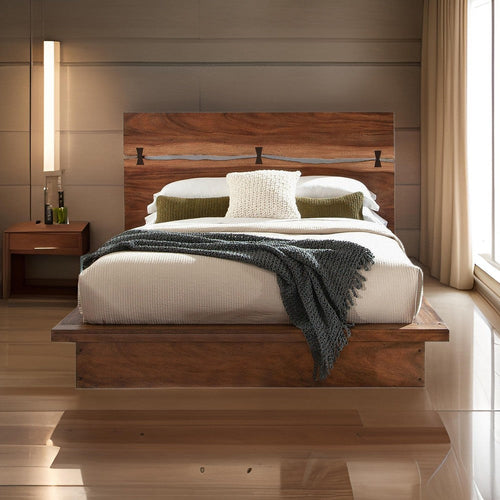 Zeko California King Platform Plinth Bed, Natural Edge, Walnut Brown Wood By Casagear Home