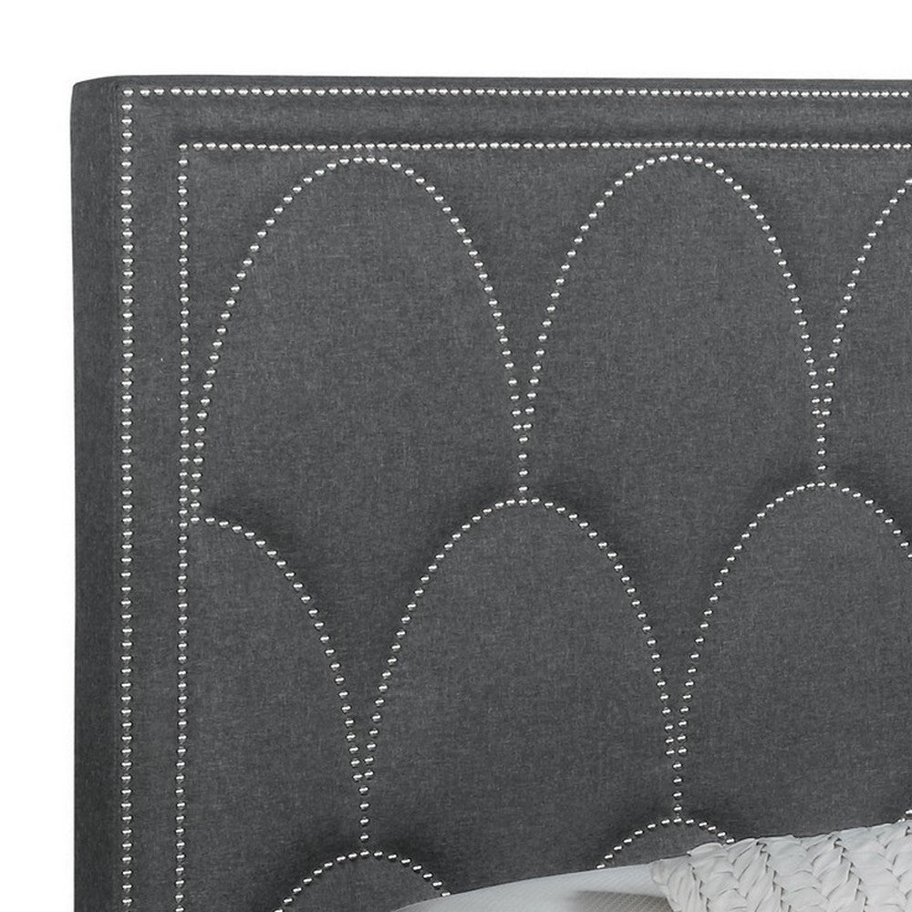 Bima Queen Size Bed Scalloped Nailhead Trim Gray Fabric Upholstered BM302805