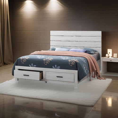 Ach Wood King Storage Bed with 2 Drawers, Plank Style Headboard, White By Casagear Home