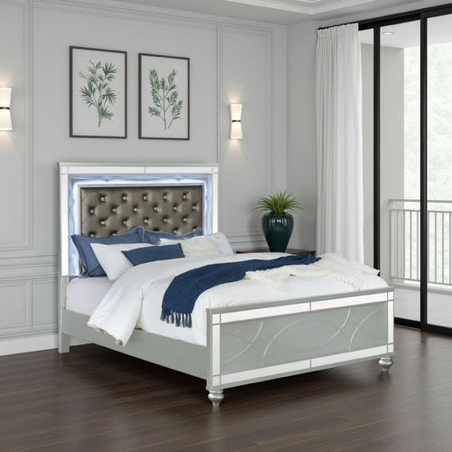 Gina California King Panel Bed, LED, Gray Faux Leather Upholstery, Silver By Casagear Home
