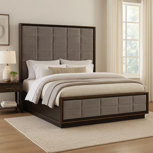 Hena California King Bed, Grid Tufted Taupe Upholstered Tall Panel Headboard By Casagear Home