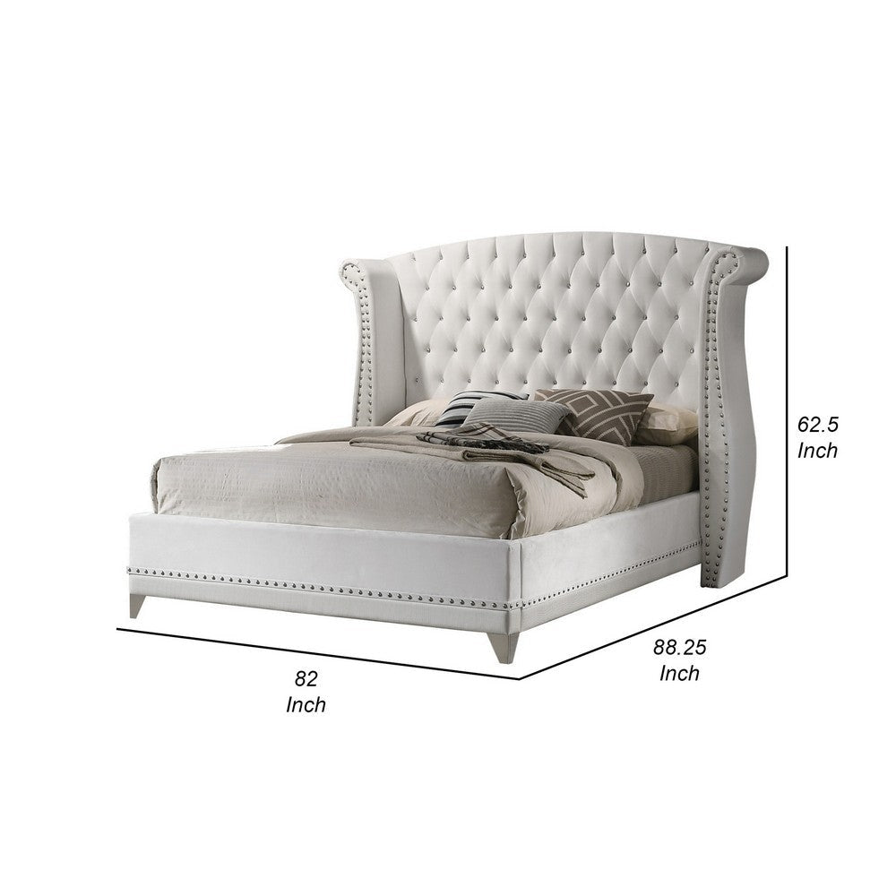 Dini Wingback Queen Bed Crystal Button Tufting White Velvet Upholstery By Casagear Home