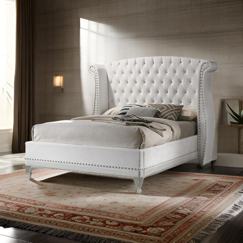 Dini Wingback Queen Bed, Crystal Button Tufting, White Velvet Upholstery By Casagear Home