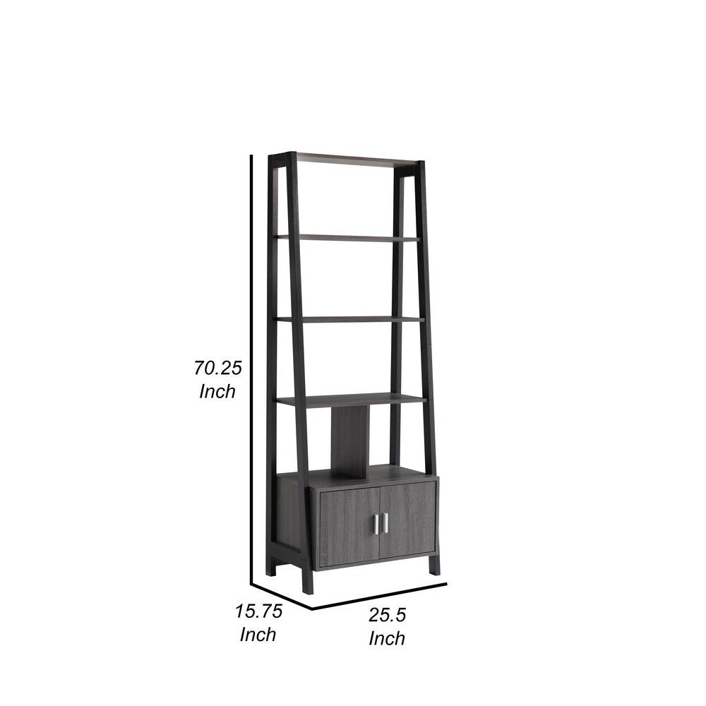 70 Inch Ladder Bookcase with Double Door Cabinet, 3 Shelves, Gray, Black By Casagear Home