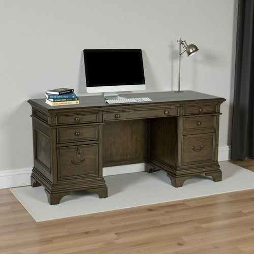 66 Inch Wood Executive Desk, 4 Drawers, Keyboard Tray, Power Outlet, Brown