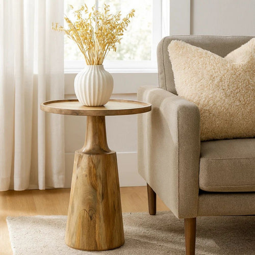 Coch 24 Inch Artisan Accent Table with Round Tabletop, Tapered Base, Brown By Casagear Home