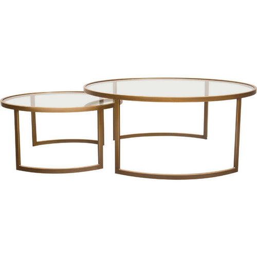 40 Inch Round Nesting Coffee Table Set, Clear Glass Tops, Gold Brass Frame By Casagear Home