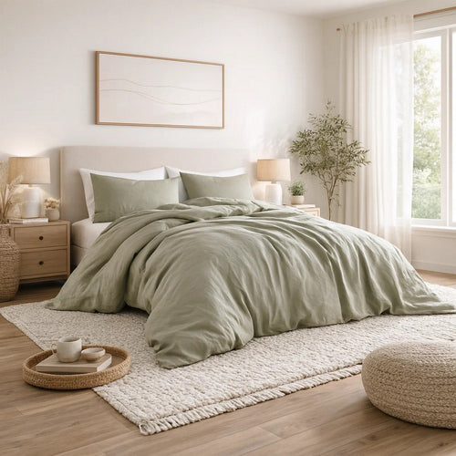 Edge 4 Piece King Size Duvet Comforter Set, Washed Linen, Sage Green By Casagear Home