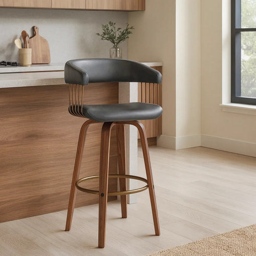 Maya 31 Inch Swivel Barstool Chair, Gray Faux Leather, Bronze, Walnut Brown By Casagear Home
