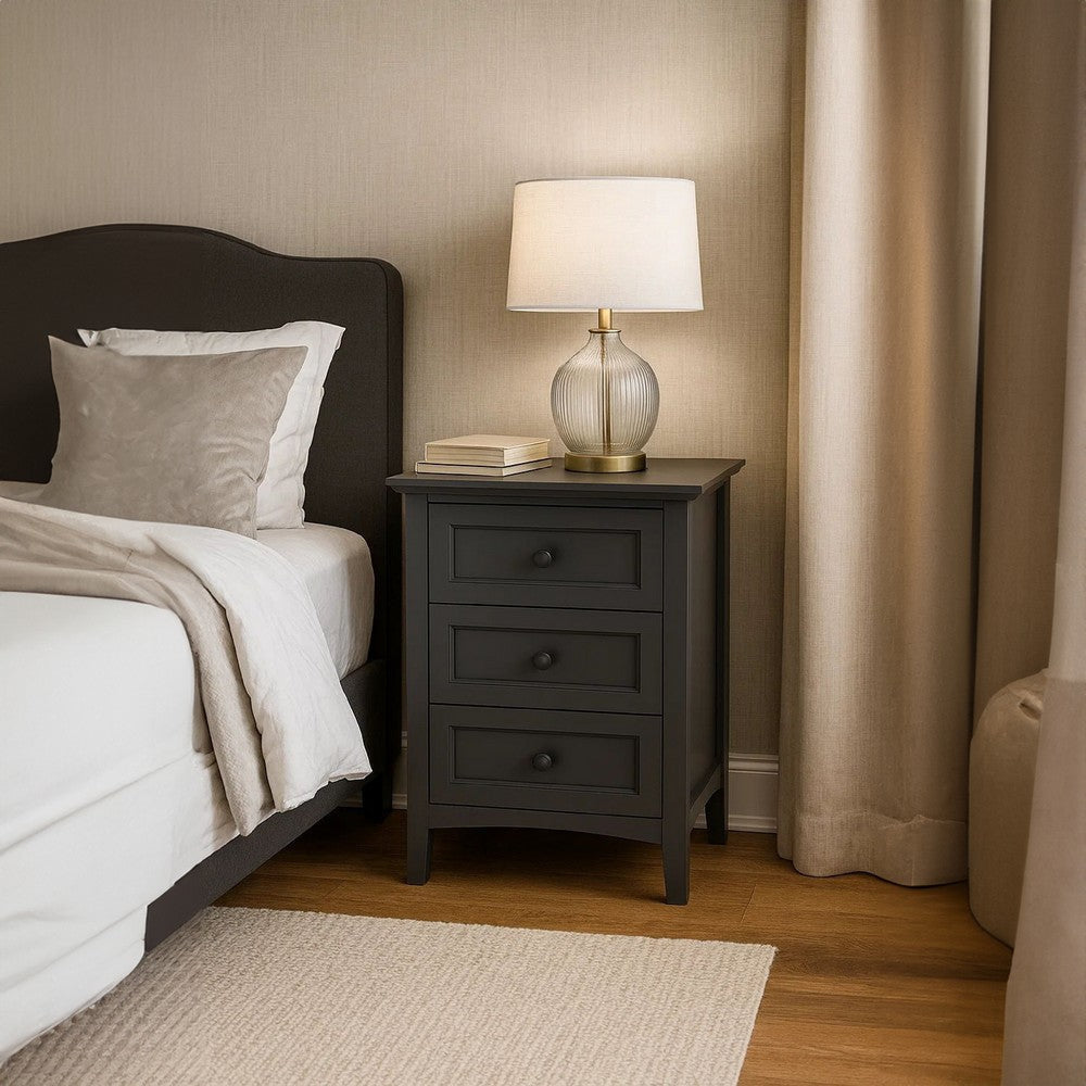Fritz 30 Inch Bedside Nightstand 3 Drawer Round Handles Black Solid Wood BM305996