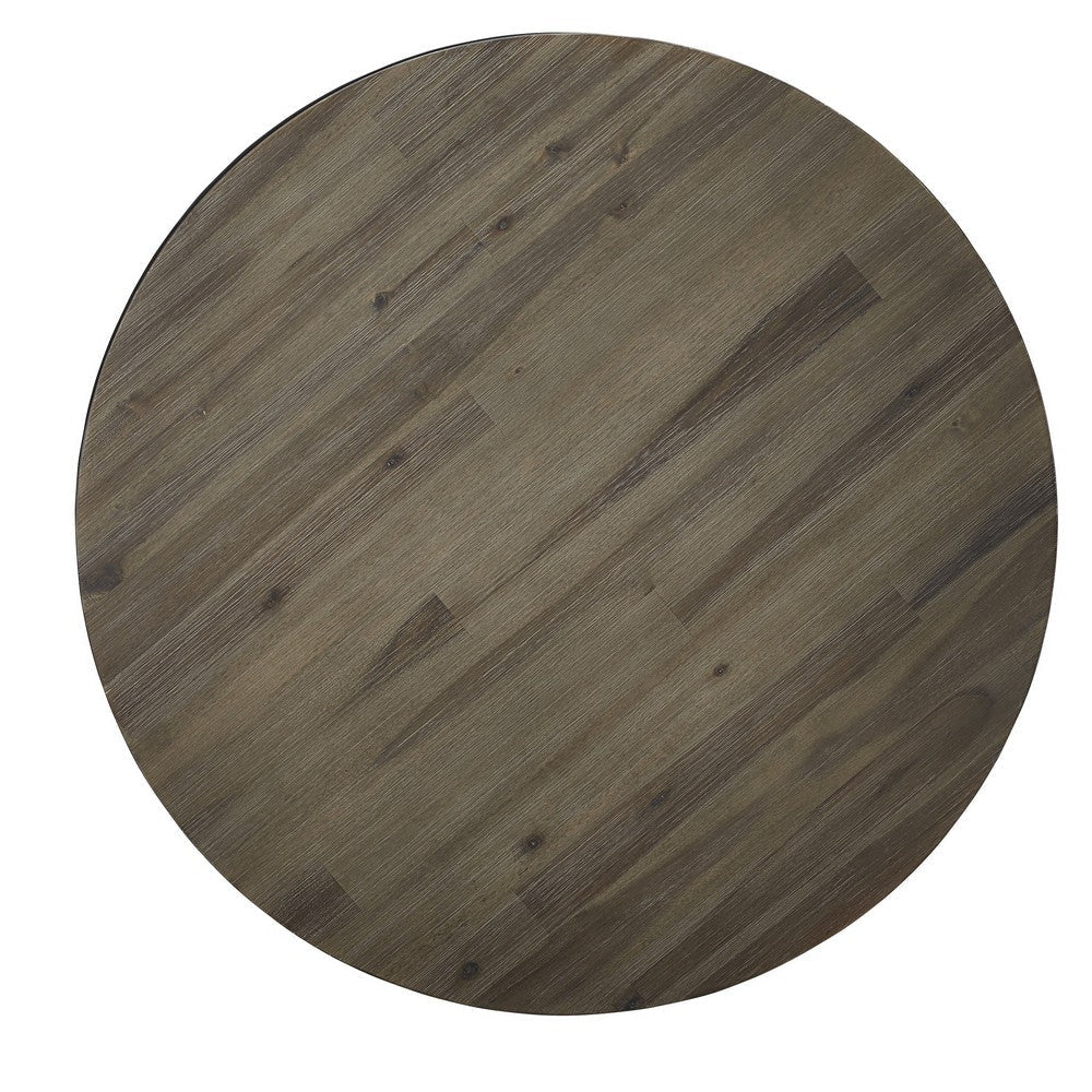 Cyon 24 Inch Round Side End Table Black Metal Frame Gray Wood Open Shelf BM306038