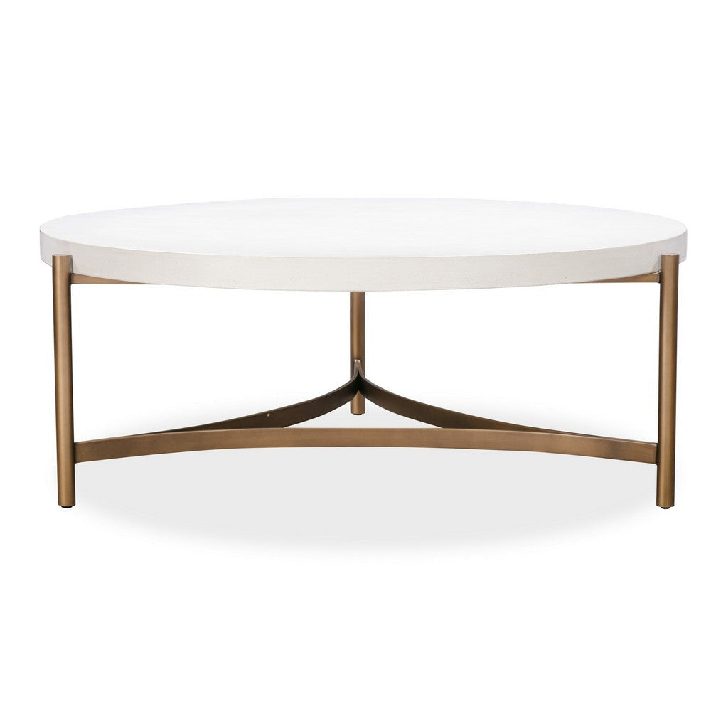 Leyu 46 Inch Round Coffee Table White Concrete Top Bronze Tripod Base BM306049