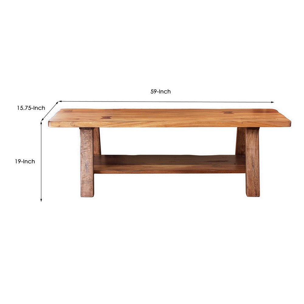 Umey 59 Inch Bench Solid Mango Wood With Grain Details 1 Shelf Brown By Casagear Home BM306070