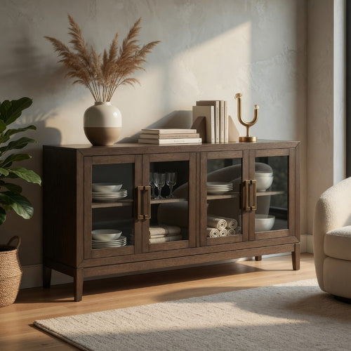 Ashley 60" Sideboard Display Server, 2 Double Door Cabinets, Brown