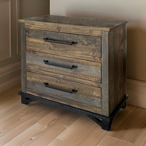 Lint 37 Inch Dresser Chest, Pine Wood, 3 Gliding Drawers, Gray and Brown By Casagear Home