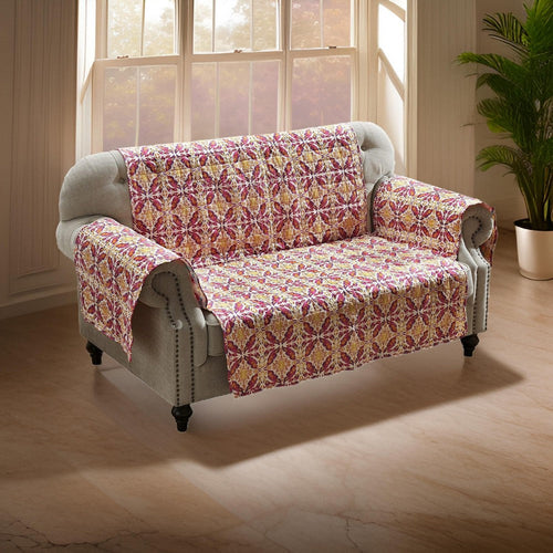 Kewa 103 Inch Quilted Loveseat Cover, Multicolor Border, Maroon Polyester By Casagear Home