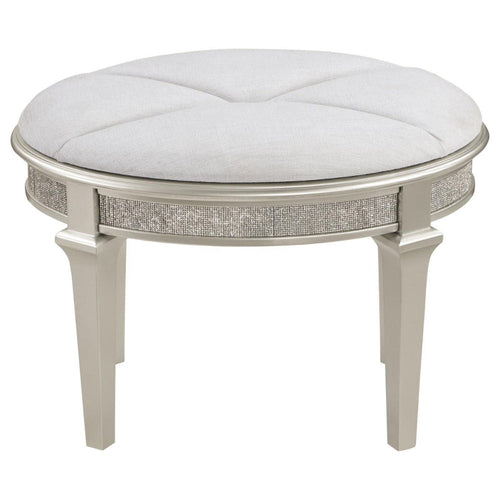 Nive 24 Inch Oval Vanity Stool, Ivory Chenille, Encrusted Faux Diamond By Casagear Home