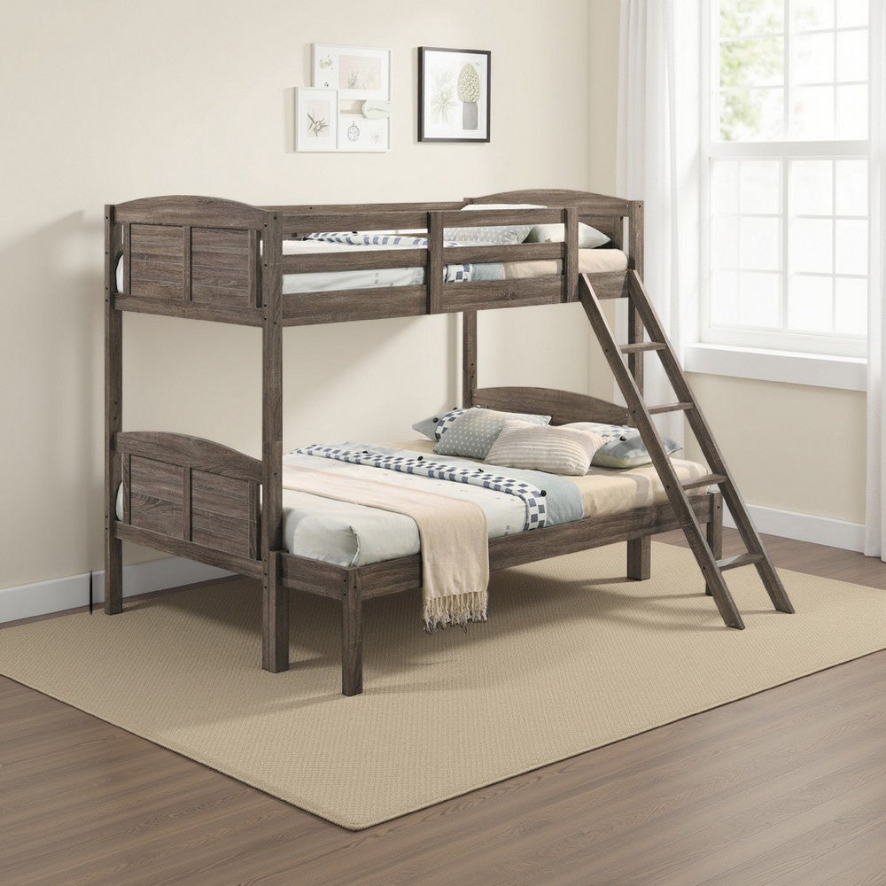 Twin over Full Bunk Bed Set, Slatted Guard Rails, Weathered Brown Wood By Casagear Home