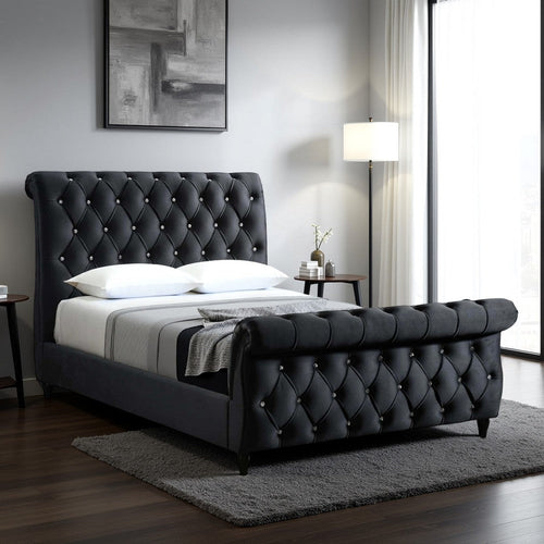 Ellowen King Size Bed, Diamond Tufted Upholstery, Panel Headboard, Black By Casagear Home