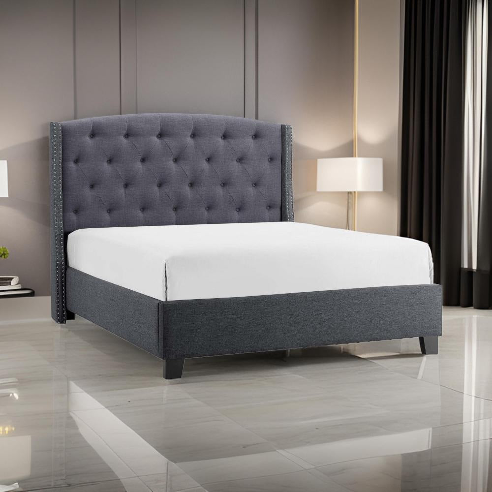 Elle Queen Size Bed, Low Profile, Gray Button Tufted Upholstered Headboard By Casagear Home