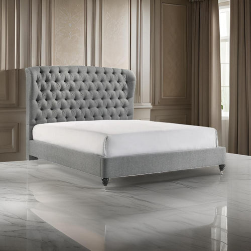 Kevin Queen Size Bed, Button Tufted, Gray Fabric Upholstery, Low Profile By Casagear Home