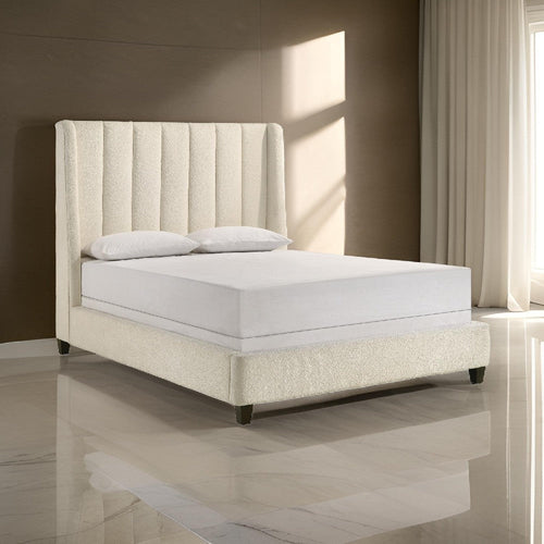 Aegis Queen Size Bed, Wingback, Channel Tufted, Cream Beige Upholstery By Casagear Home
