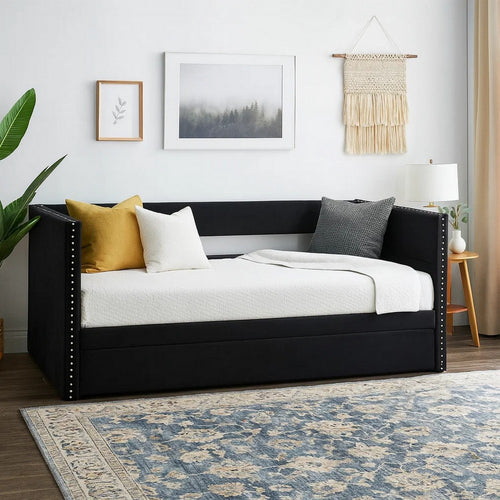 Trundle Daybed, Soft Black Velvet Upholstery, Classic Nailhead Trim Design By Casagear Home