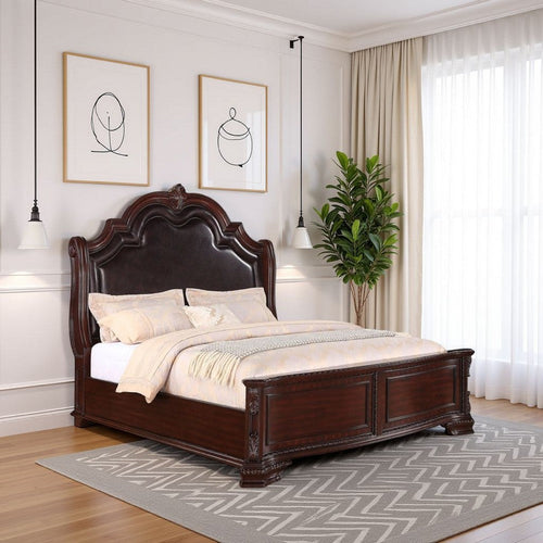 Chef Queen Size Bed, Carved, Faux Leather Upholstery, Dark Brown Wood By Casagear Home