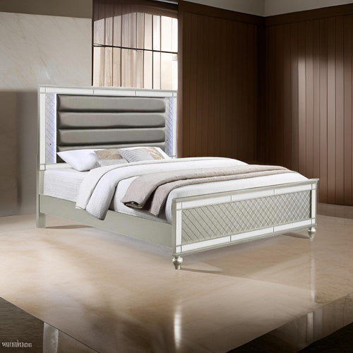 Cristo King Size Bed, Gray Fabric Upholstery, Champagne Wood, Mirror Trim By Casagear Home