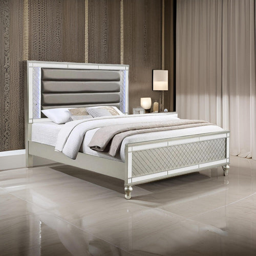 Cristo Queen Size Bed, Gray Fabric Upholstery, Champagne Wood, Mirror Trim By Casagear Home