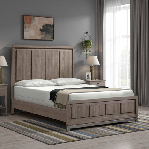Sea Queen Size Bed, Rustic Modern Design, Panel Headboard, Brown Wood By Casagear Home