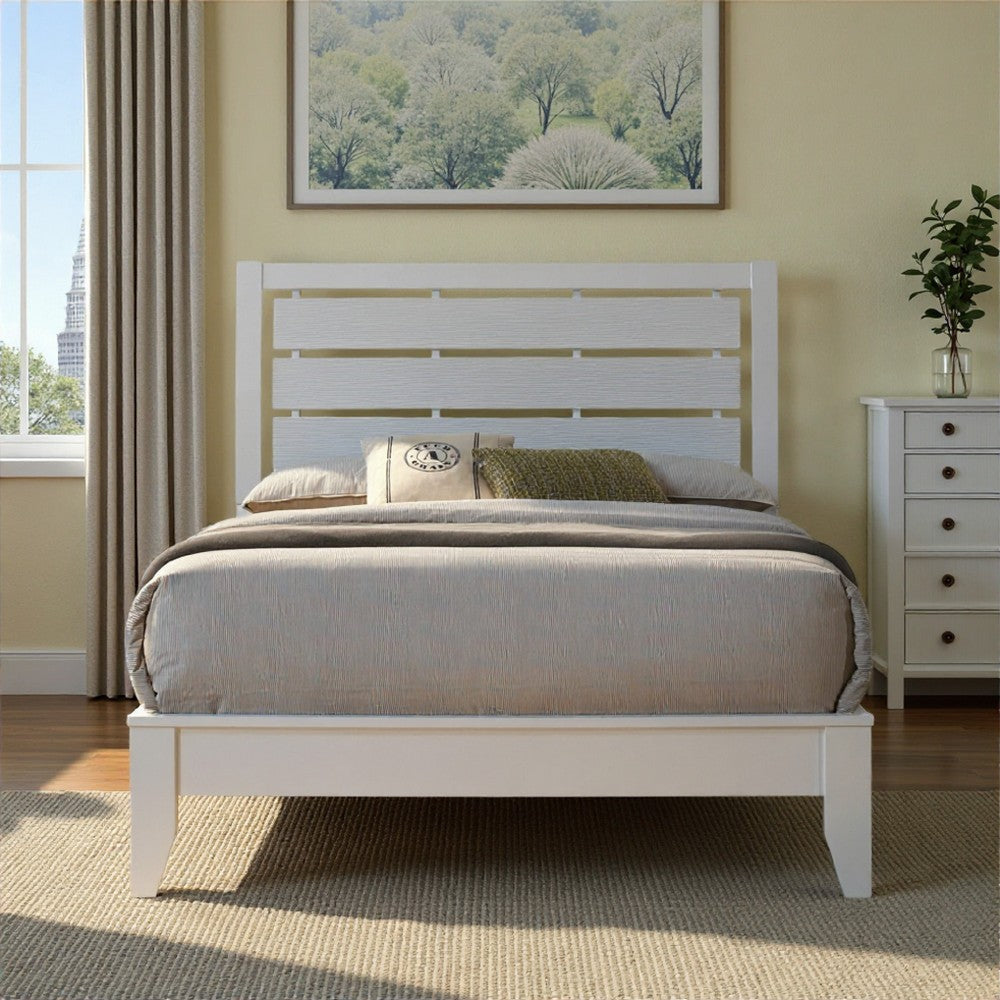 Eve King Size Bed, Slatted Headboard, Chamfered Legs, White Wood, Modern By Casagear Home