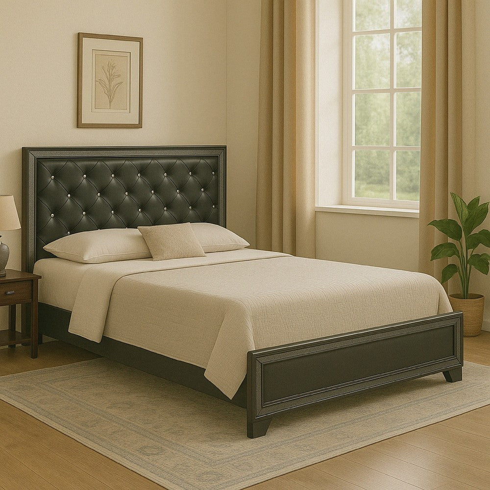 Kay Queen Bed, Faux Diamond Tufted, Gray Upholstery, Silver Trim, Wood By Casagear Home
