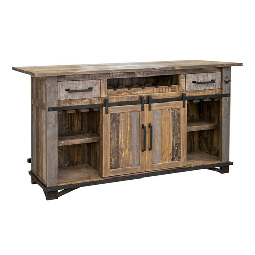 Linn 76 inch Bar Cabinet, 2 Drawers, Barn Doors, Brown, Gray Pine Wood By Casagear Home