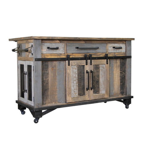 Linn 60 Inch Kitchen Island, Caster Wheels, Barn Door Gray Brown Solid Wood By Casagear Home