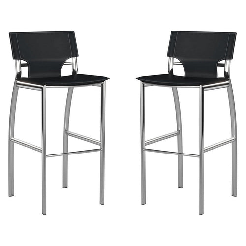 Suze 30 Inch Metal Bar Chair, Set of 2, Chrome Base, Black Vegan Leather By Casagear Home
