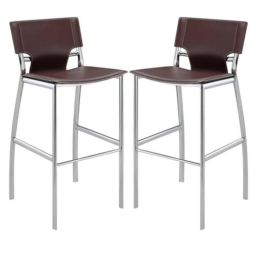 Suze 30 Inch Metal Bar Chair, Set of 2, Chrome Base, Brown Vegan Leather Upholstery