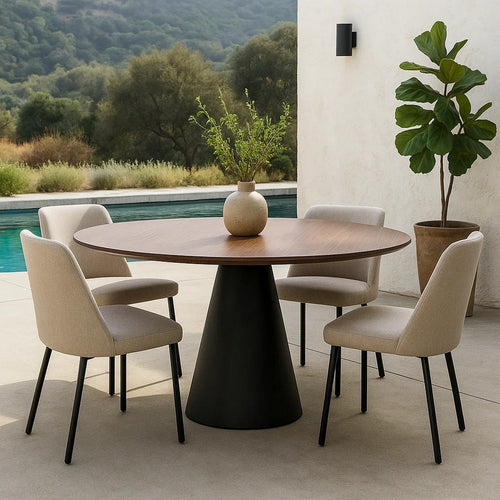 Nasa 49 Inch Modern Dining Table, Walnut Wood Surface, Black Pedestal Base