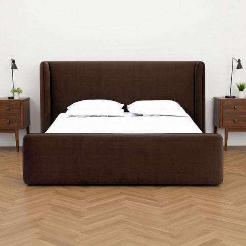 Baca Queen Platform Bed, Velvet Upholstery, Wingback Headboard, Brown