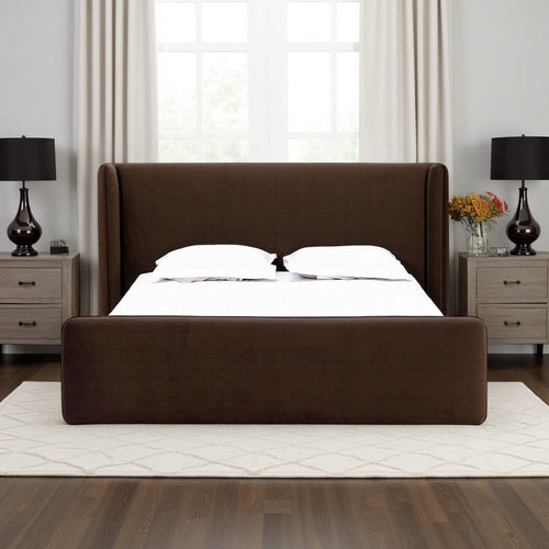 Baca Full Platform Bed, Velvet Upholstery, Wingback Headboard, Brown