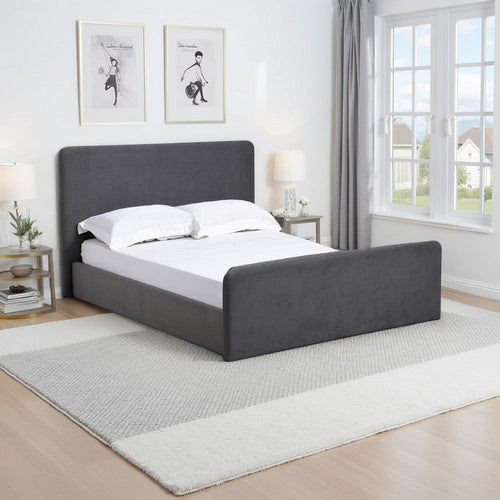 Cave Queen Size Platform Bed, Soft Velvet Upholstered, Charcoal Gray
