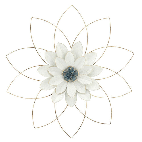 25 Inch Hanging Flower Wall Art with Textured White and Gold Leaves, Blue By Casagear Home