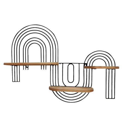 24 Inch Wall Hanging Art with 3 Wood Shelves, Arched Iron Frame, Black By Casagear Home