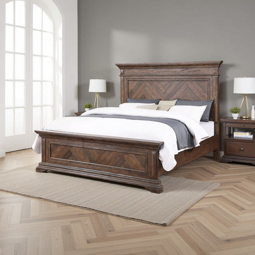 Marv Queen Size Bed, Parquet Pattern, Traditional Style, Brushed Brown Wood By Casagear Home