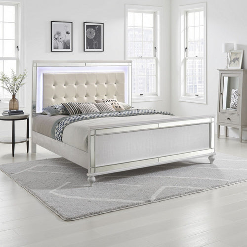 Lee Queen Size Bed, LED, Tufted Faux Leather Upholstery, Textured White By Casagear Home