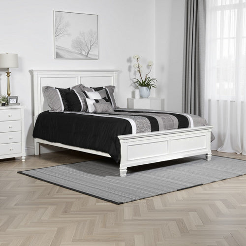 Umi Queen Size Bed, Classic Panel Design with Molded Details, White Wood By Casagear Home