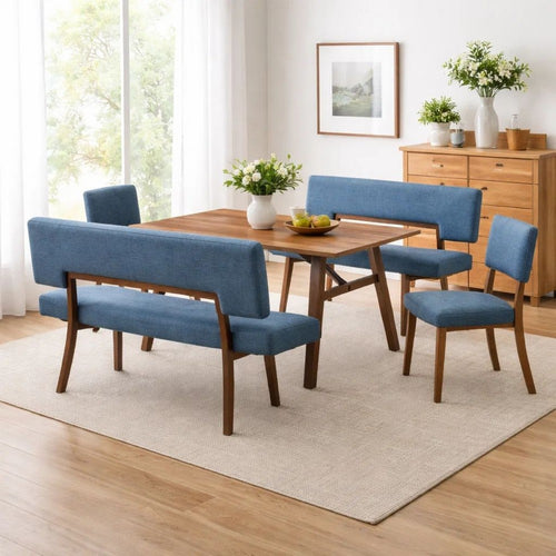 Yumi 5 Piece Dining Table Set, Chairs and Benches, Blue Fabric, Wood Brown By Casagear Home