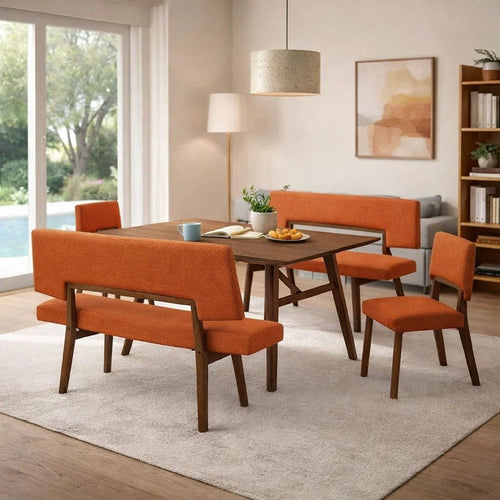 Yumi 5 Piece Dining Table Set, Chairs, Benches, Orange Fabric, Wood Brown By Casagear Home