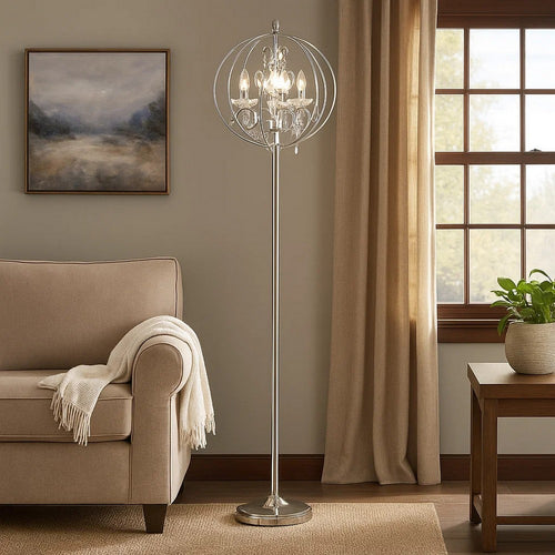 Shine 61 Inch Floor Lamp, Chandelier Style, Crystal and Metal, Chrome By Casagear Home