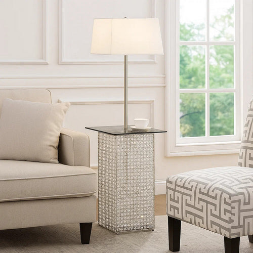 59 Inch Floor Lamp with Glass Tabletop, Crystal Stand, Metal, Clear By Casagear Home